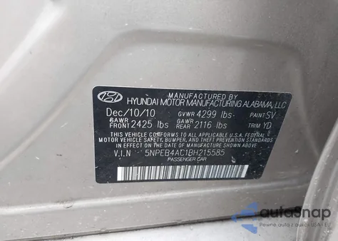 2011 Hyundai Sonata Gls from USA, damaged, VIN 5NPEB4AC1BH215585